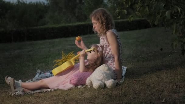 Una madre y una hija felices están jugando en el ukelele. Familia en un parque de la ciudad en un picnic en una cálida noche al atardecer . — Vídeos de Stock