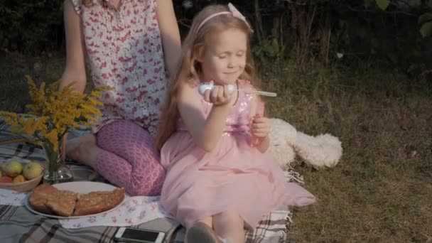 En glad mor och dotter blåsa såpbubblor. Familjen i en park på en picknick på en varm kväll vid solnedgången. — Stockvideo