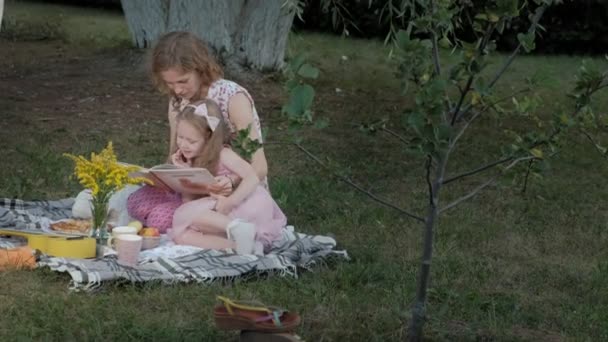 Eine glückliche mutter und tochter sehen fotos in einem album lesen ein buch. Familie im Stadtpark bei einem Picknick an einem warmen Abend bei Sonnenuntergang. — Stockvideo