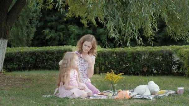 Uma mãe feliz penteia o cabelo das filhas. Família em um parque da cidade em um piquenique em uma noite quente ao pôr do sol . — Vídeo de Stock