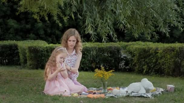 Una madre feliz peina el pelo de sus hijas. Familia en un parque de la ciudad en un picnic en una cálida noche al atardecer . — Vídeos de Stock