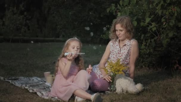 Eine glückliche Mutter und ihre Tochter blasen Seifenblasen auf. Familie im Stadtpark bei einem Picknick an einem warmen Abend bei Sonnenuntergang. — Stockvideo