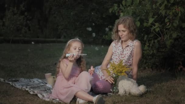 Una madre e una figlia felici gonfiano le bolle di sapone. Famiglia in un parco cittadino durante un picnic in una calda serata al tramonto . — Video Stock