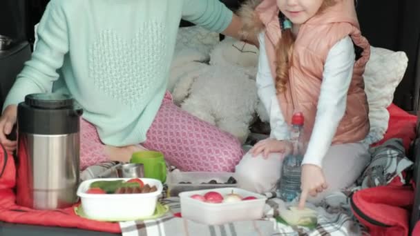 Schöne junge Frau und ihre kleine Tochter sitzen im offenen Kofferraum eines Autos am Ufer eines Meeres und essen Früchte und trinken Tee aus einer Thermoskanne — Stockvideo