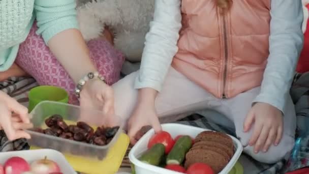 Mooie jonge vrouw en haar dochtertje zitten in de open kofferbak van een auto op de oever van een rivier in de zee vruchten eten en het drinken van thee uit een thermos — Stockvideo