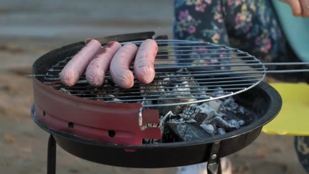Mother and daughter fry meat and vegetables on a barbecue on the beach on the beach — Stock Video