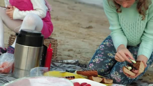 Mutter und Tochter braten Fleisch und Gemüse am Grill am Strand am Strand — Stockvideo