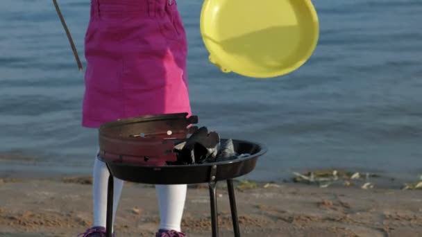 Mamma e figlia friggono marshmallow e verdure su un barbecue sulla spiaggia sulla spiaggia — Video Stock