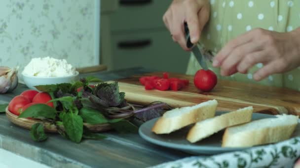 Gros plan d'une main de femme est préparé à partir de fromage à pain et légumes pour une bruschetta italienne . — Video