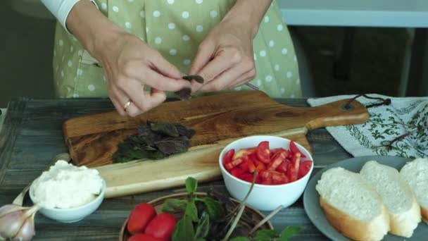 Close-up shot van een dames hand wordt bereid uit brood, kaas en groenten voor een Italiaanse bruschetta. — Stockvideo