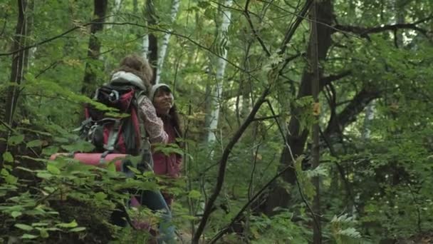 Los excursionistas - los turistas se unen al atardecer en las montañas. Caminata mujer viajera a pie con mochilas en un sendero al atardecer en las montañas — Vídeos de Stock