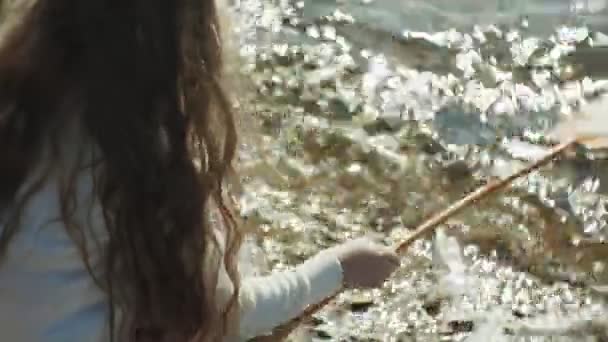 Een lief meisje is het vangen van insecten met een groen bolletje-net in het steegje naast de rivier op een zonnige zomerdag — Stockvideo