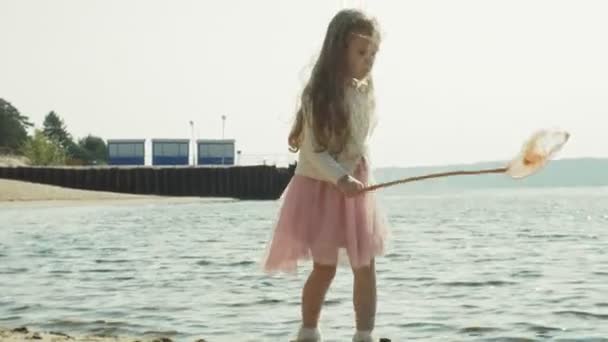 Een lief meisje is het vangen van insecten met een groen bolletje-net in het steegje naast de rivier op een zonnige zomerdag — Stockvideo