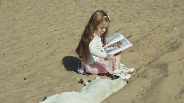 Uma menina doce senta-se na areia e lê um livro acaricia um cão — Vídeo de Stock