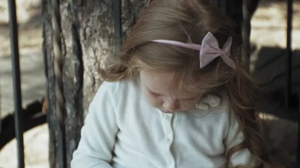 Uma menina doce senta-se na floresta e lê um livro — Vídeo de Stock