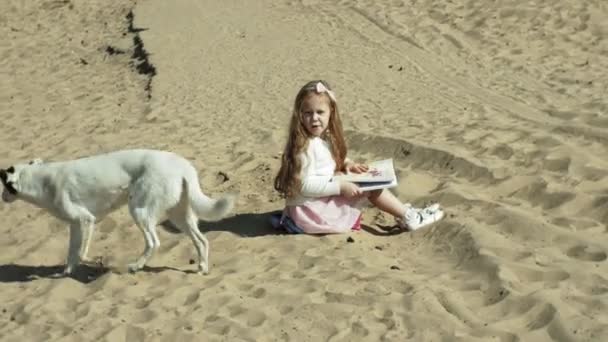 Une gentille fille s'assoit sur le sable et lit un livre caresse un chien — Video