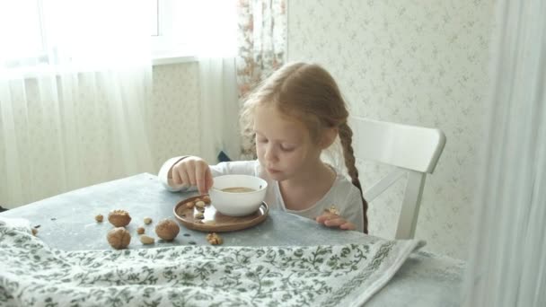 Kleines süßes Mädchen isst Haferflocken mit Nüssen und Trockenfrüchten zum Frühstück. gesundes Ernährungskonzept — Stockvideo