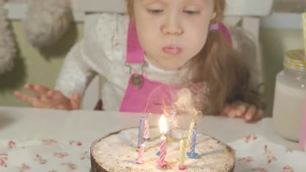 Happy girl with birthday cake with candles — Stock Video