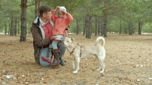 Baba ve kızı köpek aşık parkta oynarken — Stok video