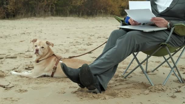 成熟的商人与狗坐在河边放松。男子在西装和使用笔记本电脑. — 图库视频影像