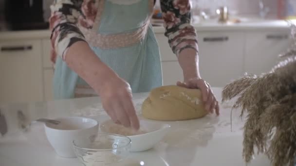 Feliz mujer mayor rodando masa de pizza en casa en la cocina — Vídeos de Stock