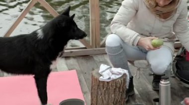 Nehir kıyısında bir sırt çantası ile yakın bir köprü üzerinde sıcak giysiler bir kadın turist, bir köpek ile birlikte çalış, aşçılar gıda ızgara, sebze, piknik, açık hava etkinlikleri ve sağlıklı bir yaşam tarzı keser