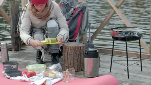 Žena turista v teplé oblečení na mostě poblíž břehu řeky s batohem, síta zeleniny, přípravě jídla na grilu, piknik, aktivního odpočinku, zdravého životního stylu. Cestovní koncept — Stock video