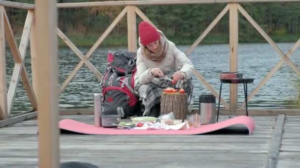 Femme touriste en vêtements chauds sur un pont près de la rive de la rivière avec un sac à dos, tamis légumes, préparation de la nourriture sur le gril, pique-nique, repos actif, mode de vie sain. Concept de voyage — Video