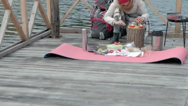 Una mujer turista en ropa de abrigo en un puente cerca de la orilla del río con una mochila, tamiza verduras, preparando una comida en la parrilla, picnic, un perro está jugando cerca, ocio activo, estilo de vida saludable — Vídeos de Stock