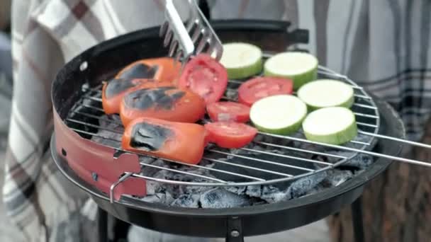 O femeie turistă în haine calde pe un pod lângă malul râului cu un rucsac, pregătește legume la grătar, un picnic, activități în aer liber, un stil de viață sănătos. Concept de călătorie, close-up — Videoclip de stoc