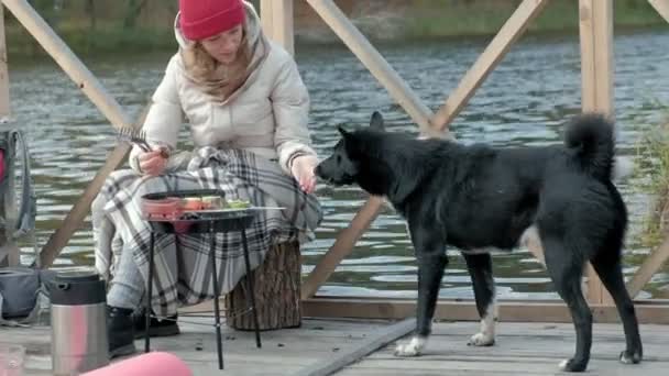 Γυναίκα τουρίστας σε ζεστά ρούχα στη γέφυρα κοντά στην όχθη του ποταμού με ένα σακίδιο, προετοιμάζει ψητά λαχανικά, ταΐζει το σκύλο, πικ-νικ, Υπαίθριες δραστηριότητες, υγιεινό τρόπο ζωής. Έννοια του ταξιδιού — Αρχείο Βίντεο