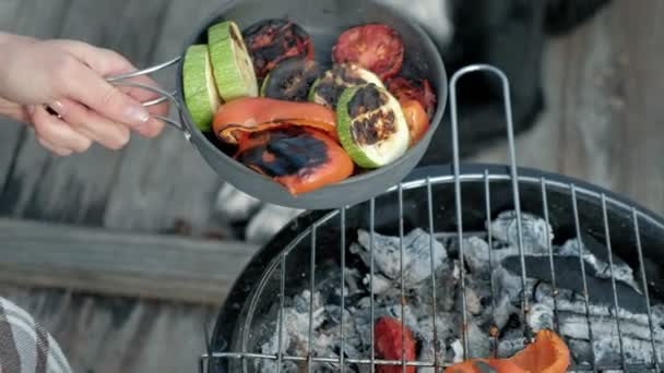 Una turista en ropa de abrigo en un puente cerca de la orilla del río con una mochila, prepara verduras a la parrilla, un perro, un picnic, un descanso activo, un estilo de vida saludable. El concepto de viaje, primer plano — Vídeos de Stock