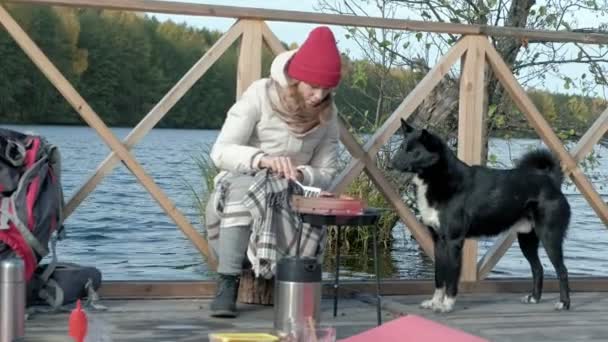 Γυναίκα τουρίστας σε ζεστά ρούχα στη γέφυρα από την όχθη του ποταμού με ένα σακίδιο, προετοιμασία λουκάνικα στη σχάρα, πικ-νικ, κάθεται δίπλα σε ένα σκύλο, ενεργό αναψυχή, υγιεινό τρόπο ζωής. Έννοια του ταξιδιού — Αρχείο Βίντεο