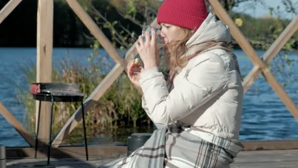 Žena turista v teplé oblečení na mostě poblíž řeky banky s batohem, pít horký čaj, piknik, pes ležící vedle ní, aktivní odpočinek, zdravý životní styl. Cestovní koncept — Stock video