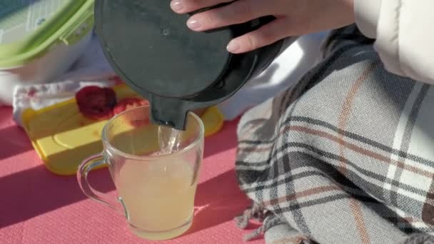 Kvinna turist i varma kläder på bron vid floden med en ryggsäck, häller te från en termos i en mugg, en picknick, utomhusaktiviteter, en hälsosam livsstil. Resa koncept, närbild, en kopp te — Stockvideo