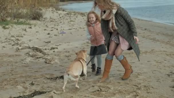 Ung kvinna i en kappa med en tjej med lockigt hår, Mamma och dotter, springa, leka med en brun hund på stranden, grubbla sin pinne, kallt väder — Stockvideo