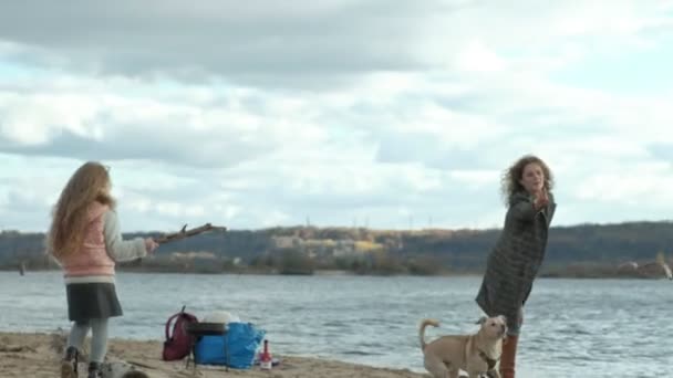 Mujer joven en un abrigo con una chica con el pelo rizado, mamá y su hija, correr, jugar con un perro marrón en la playa, el perro tira de un palo fuera del agua, el clima frío — Vídeos de Stock