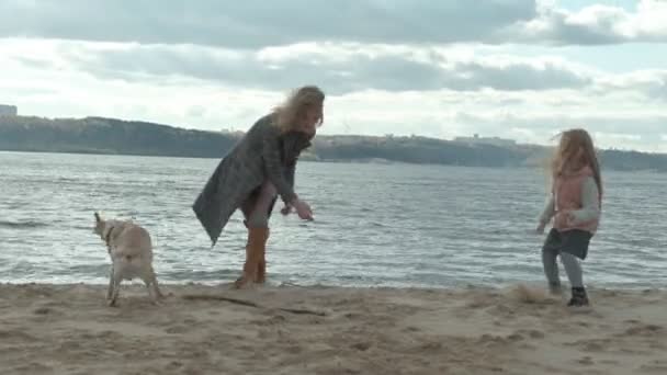 Giovane donna in un cappotto con una ragazza con i capelli ricci, mamma e figlia, correre, giocare con un cane marrone sulla spiaggia, covare il suo bastone, tempo freddo — Video Stock