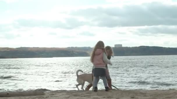 Jonge vrouw met een vacht met een meisje met krullend haar, moeder en dochter, draaien, spelen met een bruine hond op het strand, broeden haar stick, koud weer — Stockvideo