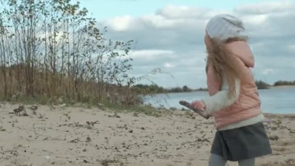 Tjej med lockigt hår i varma kläder, kör, leker med en brun hund på stranden, kastar henne en pinne, kallt väder — Stockvideo