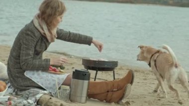 ırmak kenarına, sahilde bir ceket genç bir kadın oturur okyanus, piknik, aşçılar sebze ve et ızgara vardır, bir köpek yakın, soğuk hava oynuyor