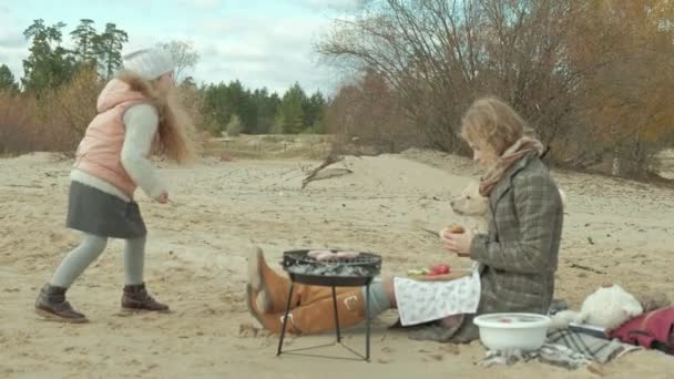 Una giovane donna con un cappotto si siede sulla spiaggia vicino al fiume, l'oceano, ha un picnic, cucina verdure e carne alla griglia, un cane sta giocando nelle vicinanze, tempo freddo — Video Stock