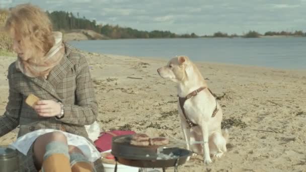 En ung kvinde i en frakke sidder på stranden ved floden, havet, har en picnic, koger kød på grillen, en hund sidder ved siden af det, koldt vejr – Stock-video