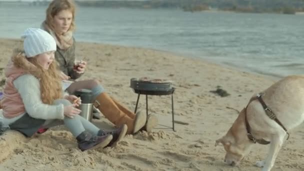 Jeune femme en manteau et une fille aux cheveux bouclés, mère avec une fille, assise sur la plage au bord de la rivière, océan, pique-nique, cuire la viande sur le gril, la fille nourrit le chien, temps froid — Video