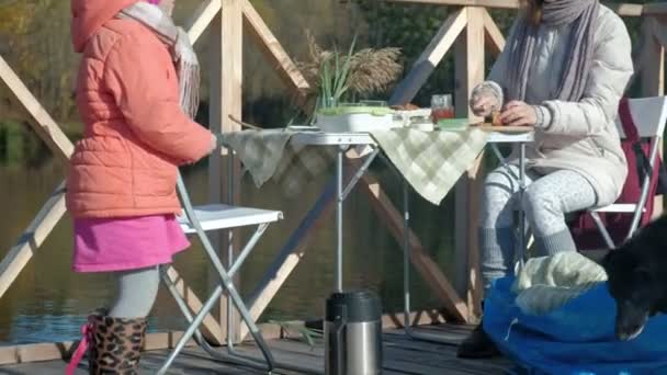 Eine junge Frau und ein kleines Mädchen in warmer Kleidung, Mutter und Tochter, picknicken am Ufer des Flusses auf einer Holzbrücke, bereiten Essen zu, das Mädchen füttert den Hund, Wochenenden, kaltes Wetter, draußen — Stockvideo