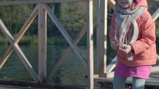 Bambina, figlia, in abiti caldi, giocare con un cane, nutrirla, pic-nic sulla riva del fiume su un ponte di legno, fine settimana, freddo, campeggio, turismo — Video Stock