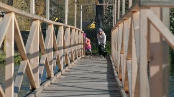 Fetiță, fiică, în haine calde, jucându-se cu un câine, hrănind-o, picnic pe malul râului pe un pod de lemn, weekend, vreme rece, camping, turism — Videoclip de stoc