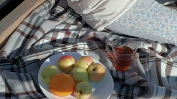 Une femme sur le pont près de la rivière d'automne lit un livre et boit du thé — Video