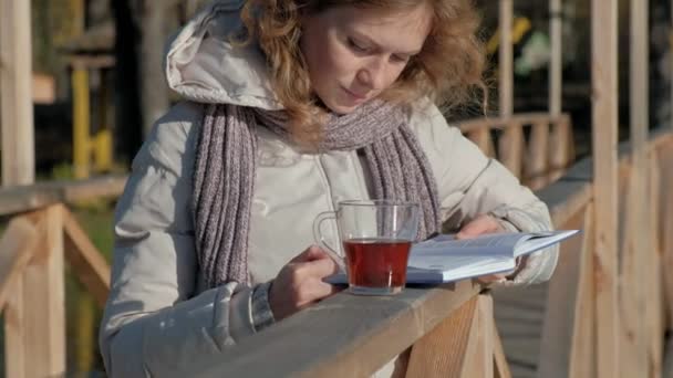Uma mulher na ponte perto do rio de outono lê um livro e bebe chá — Vídeo de Stock