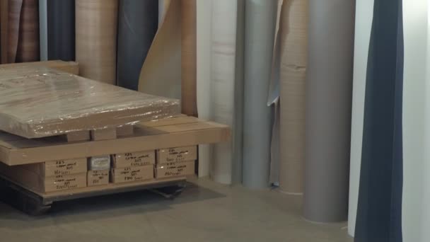 Entrepôt avec rouleaux de placage.production de portes intérieures en bois — Video